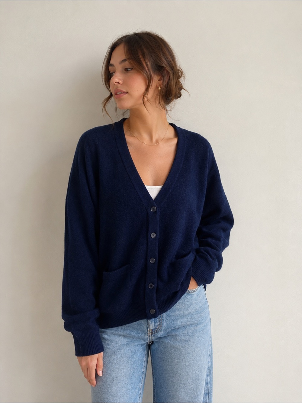 Vintage 100% Lambswool Cardigan Sweater Navy Blue Size Medium Quiet Luxury Fall